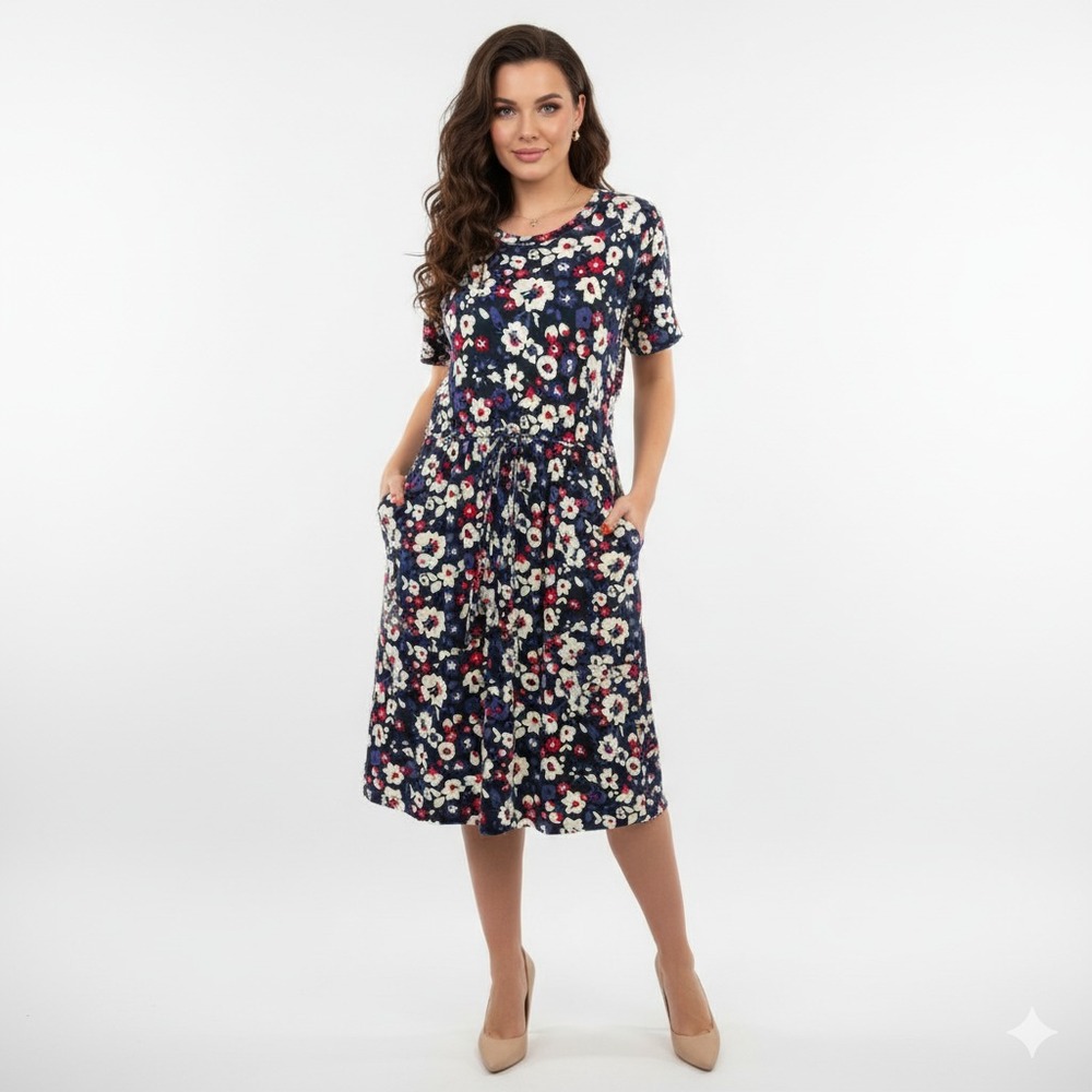 Simier Fariry Shirt Dress Womens XL Blue Floral Shift Stretch Midi Summer Travel